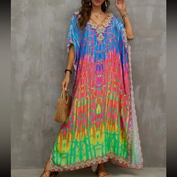 Boho Tie Dye Print Batwing Sleeve Slit Hem Maxi Dress | Color: Red | Size: Os | Dolldoll7800'S Closet